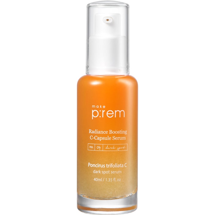 make p:rem Radiance Boosting C-Capsule Serum 40ml orange C-vitamin serum mod mørke pletter i flaske med synlige kapsler