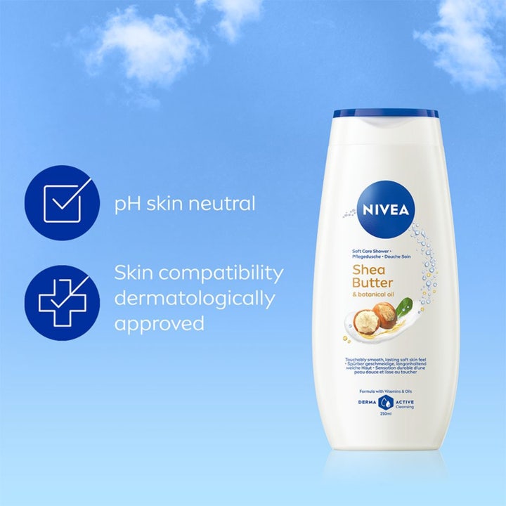 NIVEA Shea Butter & Botanical Oil 250 ml brusergelé i hvid flaske med sheanødder og duft af delikat sheasmør