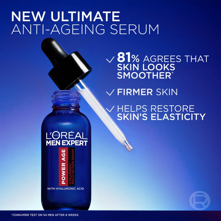 L'Oréal Paris Men Expert Power Age Serum 30 ml anti-ageing serum med hyaluronsyre i blå glasflaske med pipette
