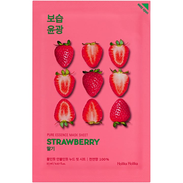 Holika Holika Pure Essence Mask Sheet Strawberry 23 ml fugtgivende ansigtsmaske i lyserød indpakning med jordbærmotiv
