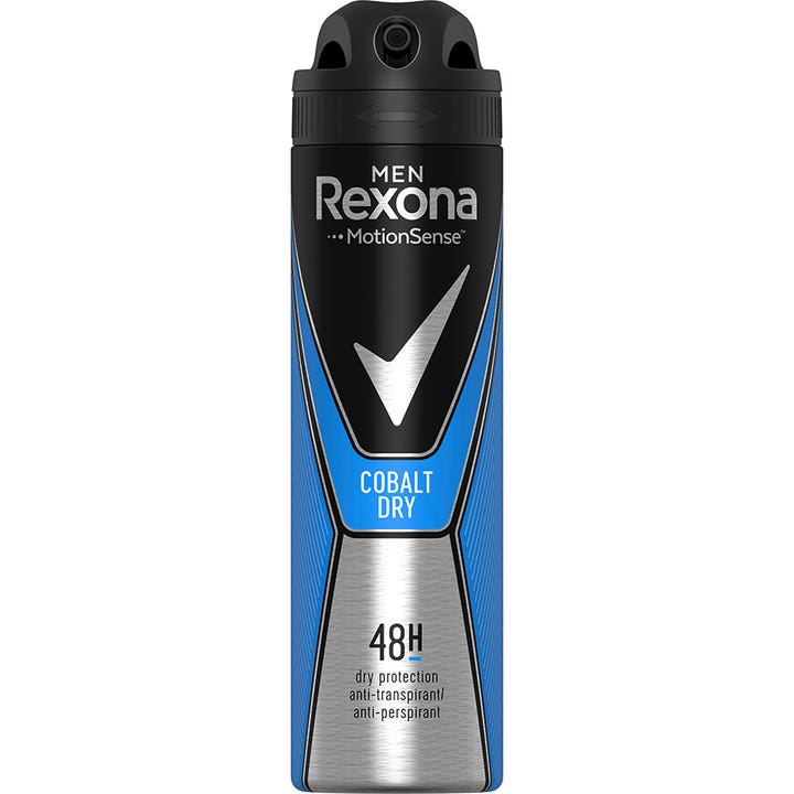 Rexona Men Cobalt Dry 150 ml deodorant spray giver 48 timers beskyttelse i en blå og sort beholder med sølv.
