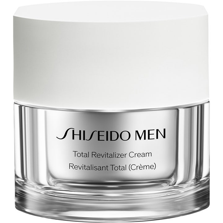 Shiseido Men Total Revitalizer Cream 50 ml opstrammende ansigtscreme i elegant sølvfarvet glaskrukke med hvidt låg