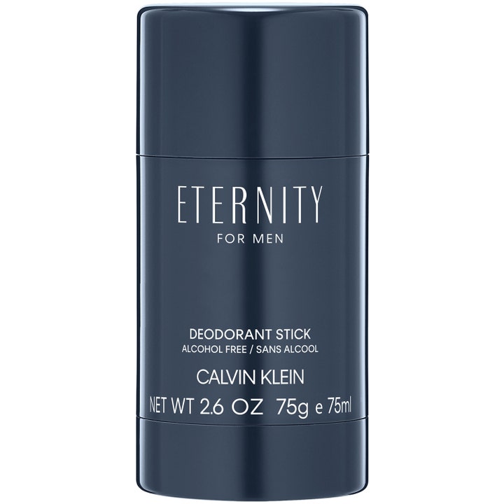 Calvin Klein Eternity for Men 75g alkoholfri deodorant stick giver friskhed i en mørkeblå cylinder med hvid tekst.