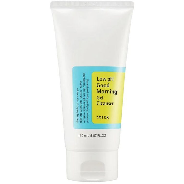 COSRX Low pH Good Morning Gel Cleanser 150 ml opfriskende ansigtsrens i hvid tube med gul og blå etiket