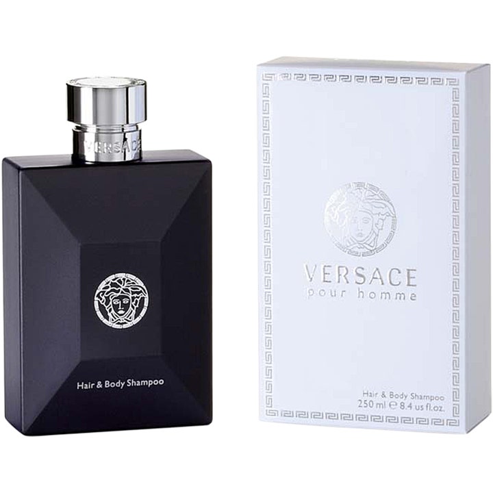 Versace Pour Homme 250 ml opfriskende duschtvål i sort flaske med sølvlåg ved siden af hvid æske
