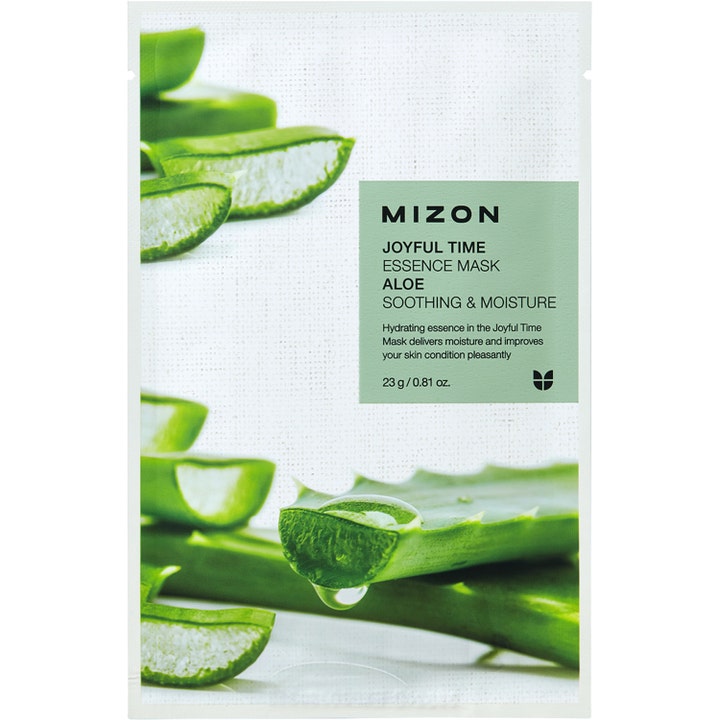Mizon Joyful Time Essence Mask Aloe 23 g beroligende sheet maske i hvid sachet med billeder af friske aloe vera-blade.