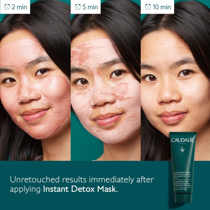 Caudalie Instant Detox Mask 75 ml ansigtsmaske der renser porer vist som lyserød lertekstur på huden.