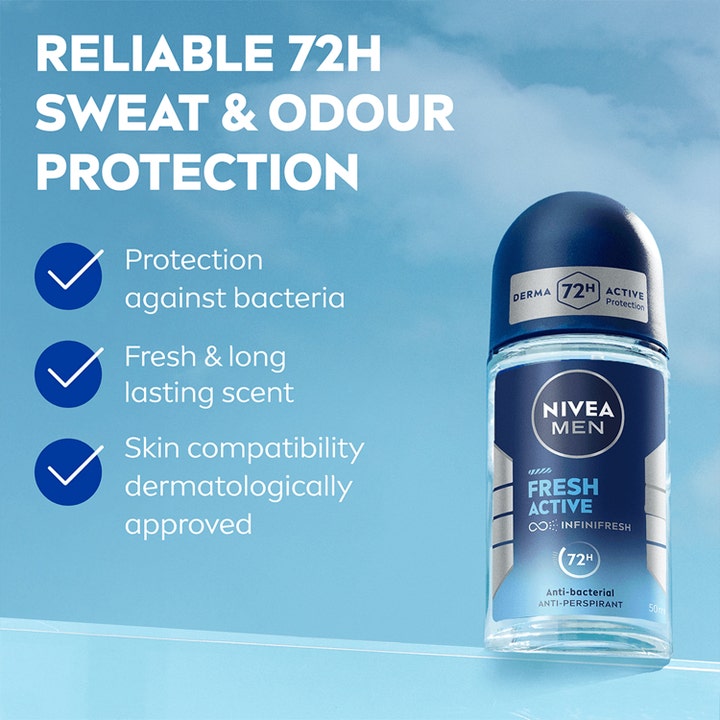 NIVEA MEN Fresh Active Roll-On 50 ml deodorant med 72 timers antibakteriel beskyttelse i glasflaske med blåt låg.