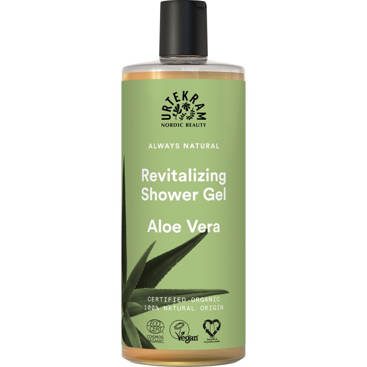 Urtekram Revitalizing Shower Gel Aloe Vera revitaliserende kropsvask i klar plastflaske med grøn etiket og sort låg