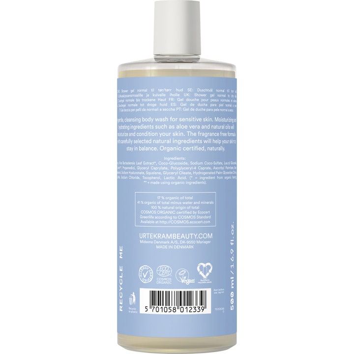Urtekram Fragrance Free Body Wash 500 ml parfumefri kropsvask viser ingrediensliste og logoer på lyseblå label
