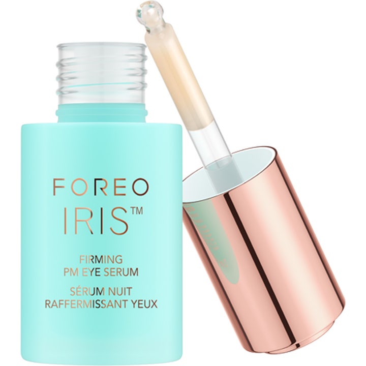 FOREO IRIS Firming PM Eye Serum 15 ml opstrammende øjenserum i lyseblå flaske med rosaguld låg og glaspipette.