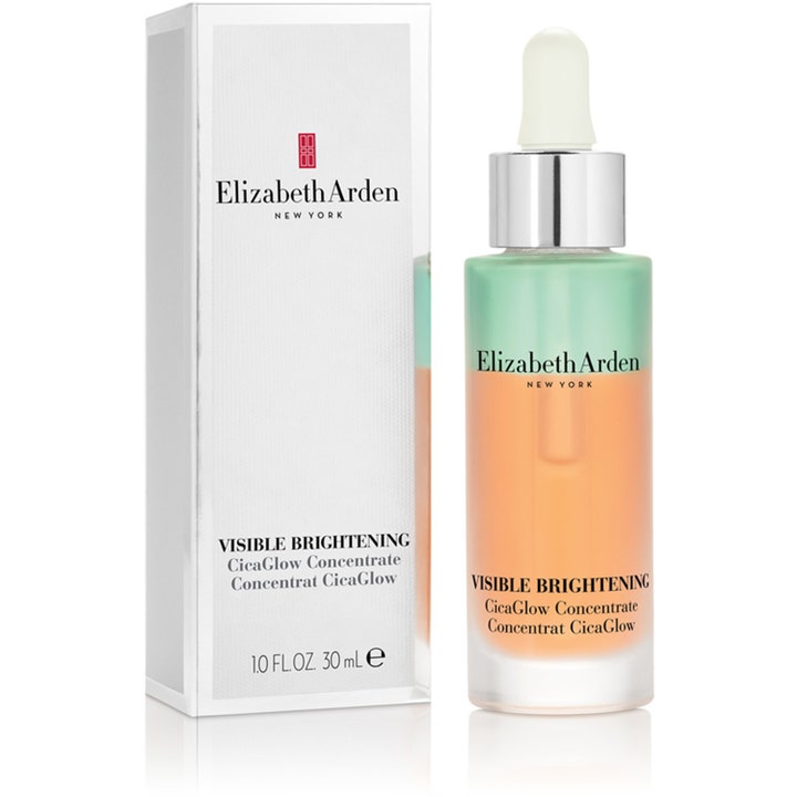 Elizabeth Arden Visible Brightening Cica Glow 30 ml lysnende serum i to-faset glasflaske med pipette og hvid æske