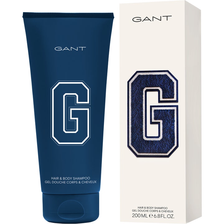 GANT Gant Hair & Body Shampoo 200 ml opfriskende showergel i mørkeblå tube og hvid æske med stort varsity-G.