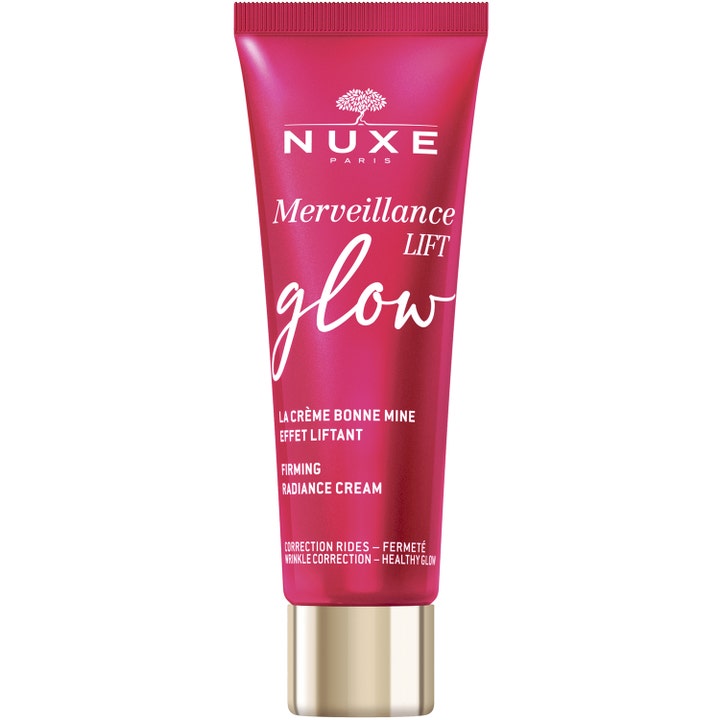 Nuxe Merveillance Lift Glow 50ml opstrammende ansigtscreme giver sund glød i en pink tube med guldlåg.