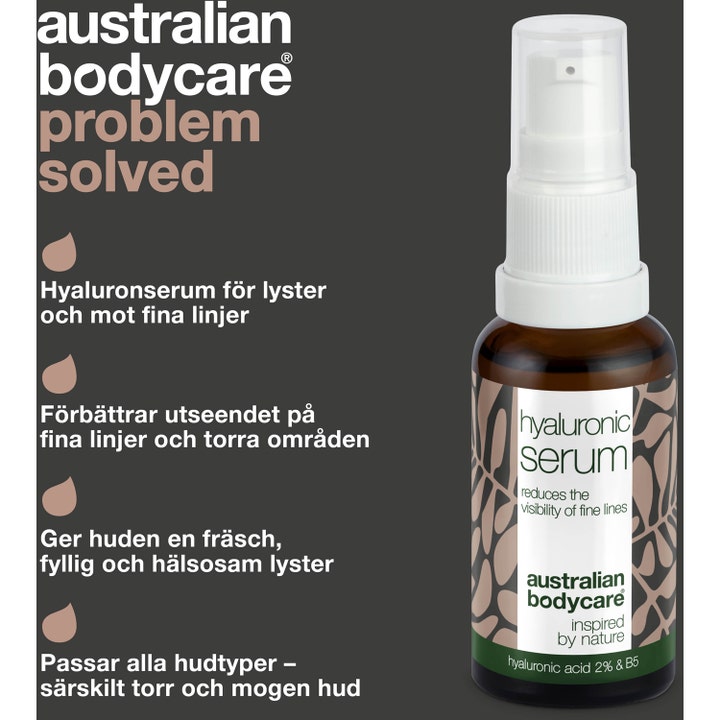 Australian Bodycare Face Serum 30 ml mod fine linjer i brun glasflaske med hvid pumpe og informativ grafik.