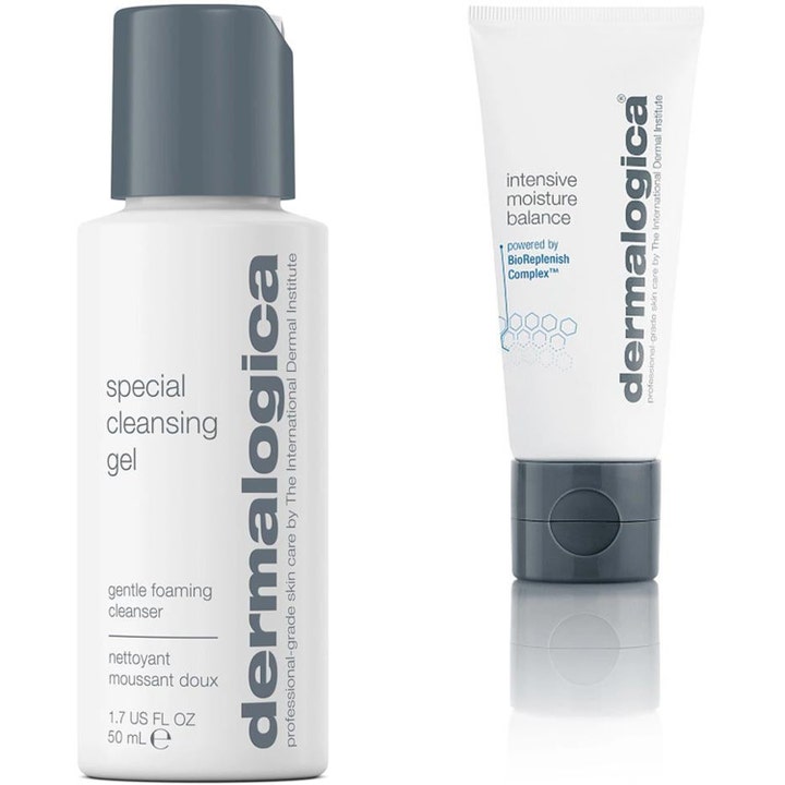 Dermalogica Special Cleansing Gel 50 ml og Intensive Moisture Balance fugtgivende ansigtspleje i hvid flaske og tube