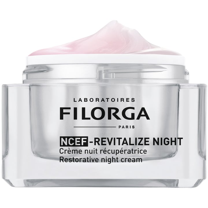 Filorga NCEF-Revitalize Night Cream 50 ml revitaliserende nattcreme med cremet lyserød konsistens i sølvfarvet krukke