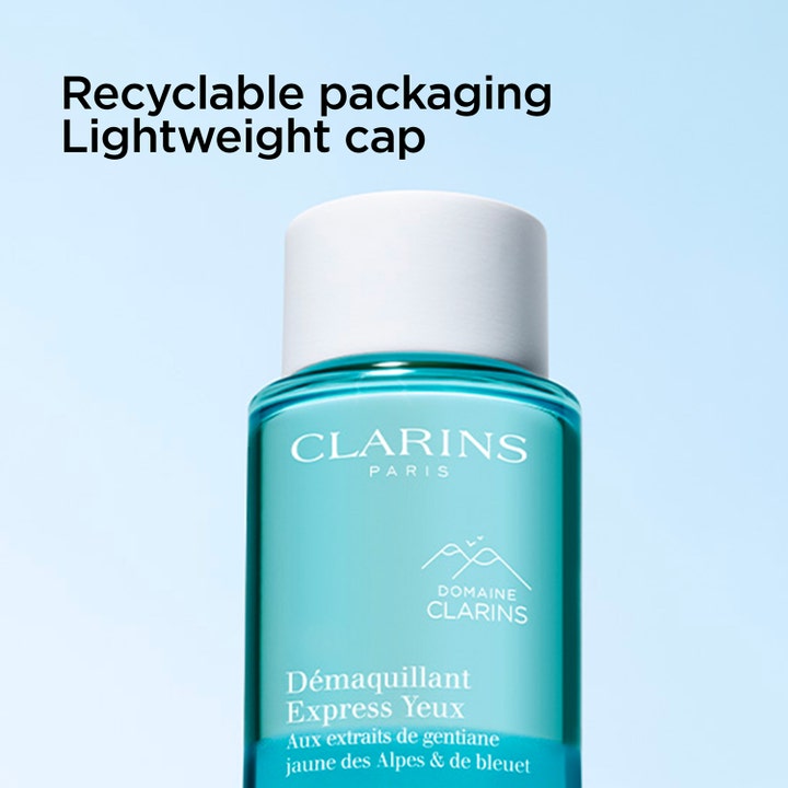 Clarins Instant Eye Make-Up Remover 125 ml i turkis flakon med hvidt letvægtslåg og genanvendelig emballage