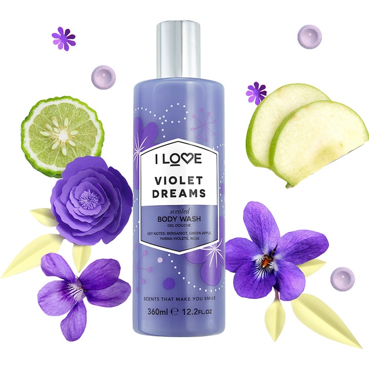 I Love Violet Dreams 360ml opfriskende body wash i lilla flaske med sølvlåg omgivet af grønne æbler og violer.