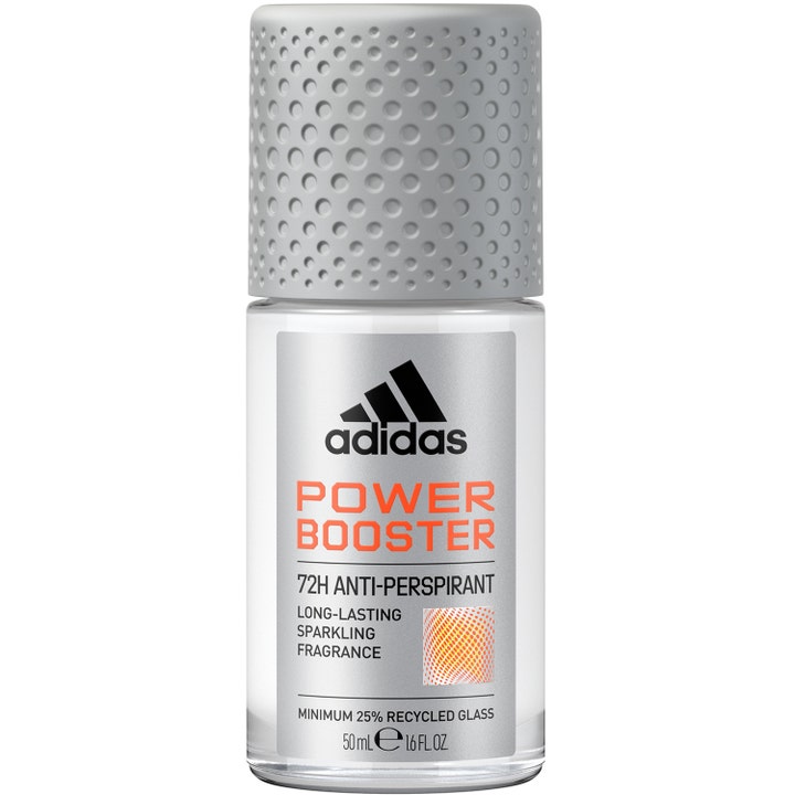 Adidas Power Booster 50 ml 72h antiperspirant deodorant giver beskyttelse i en klar glasflaske med gråt nopret låg