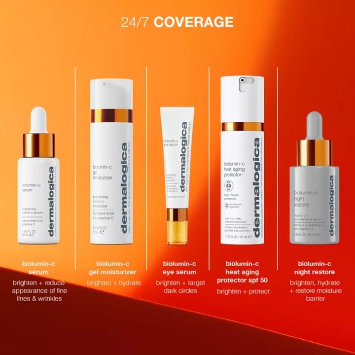 Dermalogica Biolumin-C Heat Aging Protector 15 ml dagcreme i en serie af Vitamin C produkter på orange baggrund.