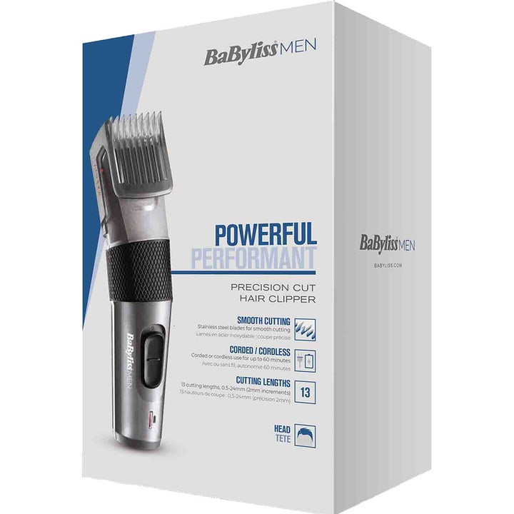 BaByliss Precision Cut 1 stk hårtrimmer i hvid emballage viser en sølvgrå trimmer med sort greb