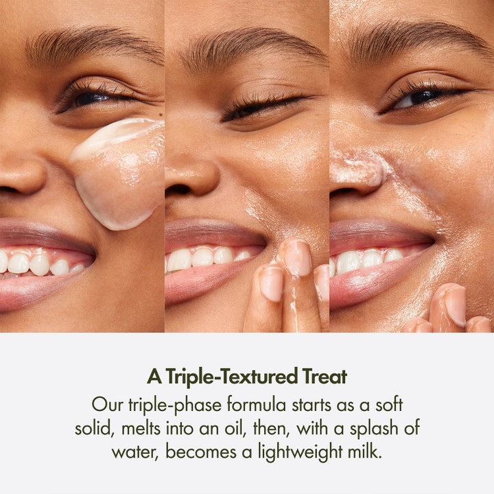 Origins Youthtopia Apple Butter Cleansing Balm 125 ml ansigtsrens viser teksturen transformere fra balm til olie og mælk.