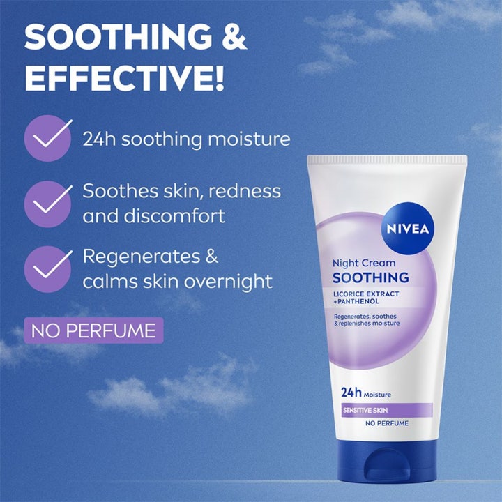 NIVEA Soothing Night Cream 50 ml parfumefri natcreme i tube med panthenol der beroliger huden og mindsker rødme.
