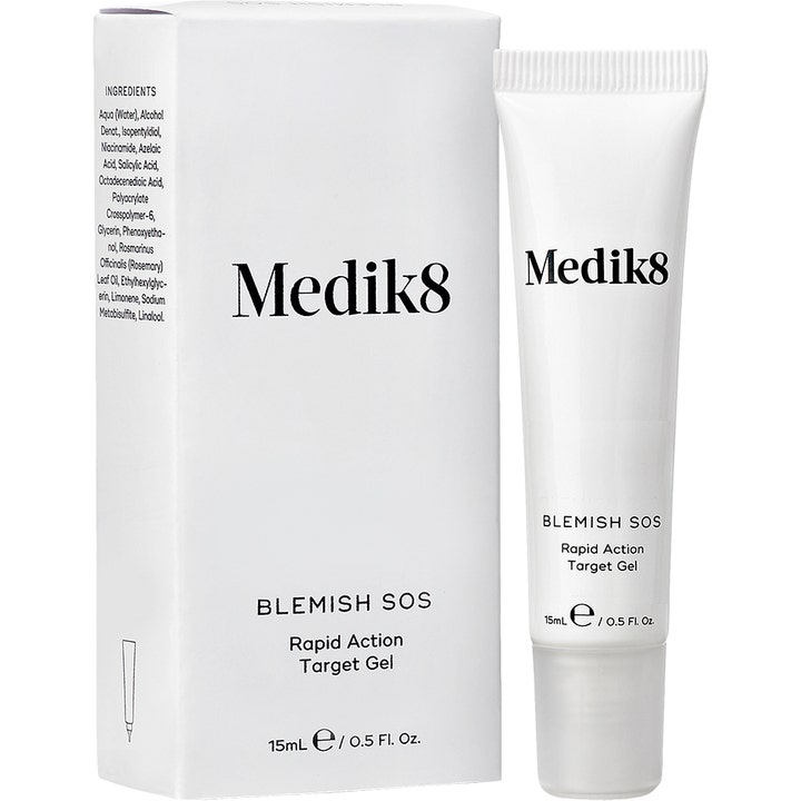 Medik8 Blemish SOS 15 ml målrettet gel mod urenheder i hvid tube foran matchende æske