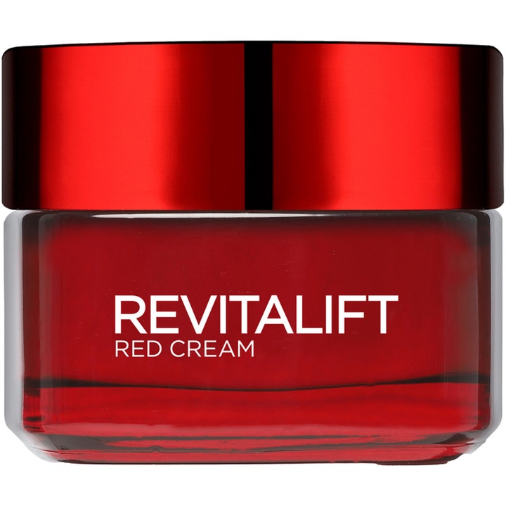 L'Oréal Paris Revitalift Red Cream 50 ml glødgivende dagcreme i en rød glaskrukke med et matchende rødt metallåg