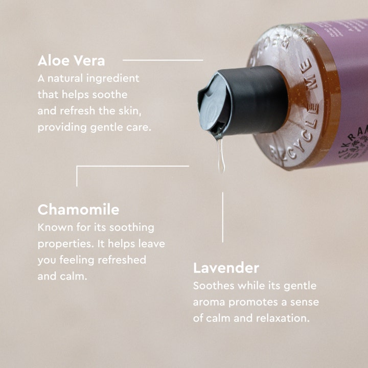 Urtekram Soothing Lavender Body Wash 500 ml beroligende kropspleje med aloe vera og kamille i en klar dråbe.