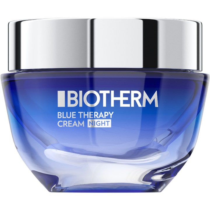 Biotherm Blue Therapy Cream Night anti-age natcreme der opstrammer huden i en mørkeblå glaskrukke med sølvlåg