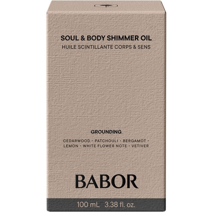 Babor Soul & Body Shimmer Oil 100 ml glitrende kropsolie i beige tekstureret papæske der giver huden glød.
