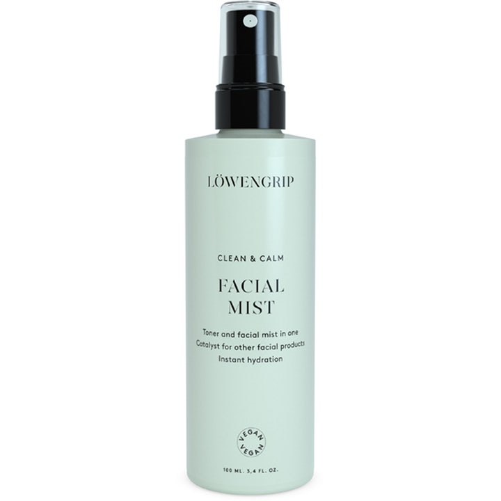 Löwengrip Clean & Calm Facial Mist 100 ml beroligende ansigtsmist i lysegrøn plastflaske med sort sprayhoved