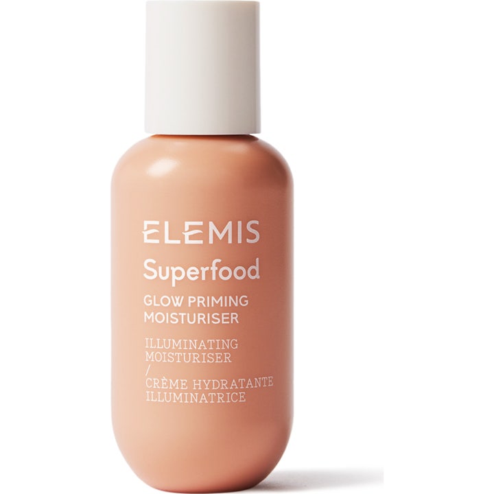 Elemis Superfood Glow Priming Moisturiser 60 ml glødgivende ansigtscreme i ferskenfarvet flaske med hvidt låg