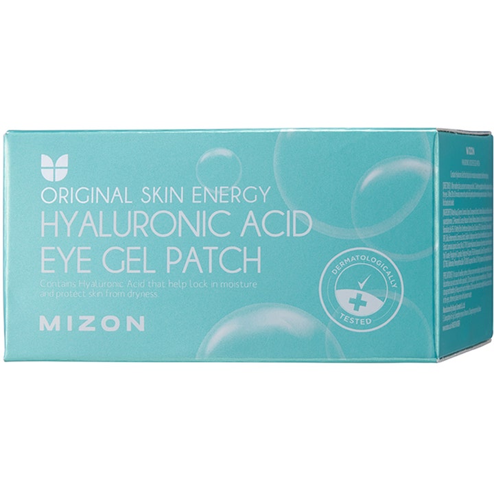Mizon Hyaluronic Acid Eye Gel Patch 60 stk fugtgivende eye patches i lyseblå æske med hvid tekst og bobler.