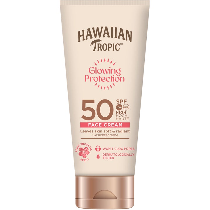 Hawaiian Tropic Glowing Protection Face Cream SPF 50 solcreme giver glød i en beige tube med rosaguld låg
