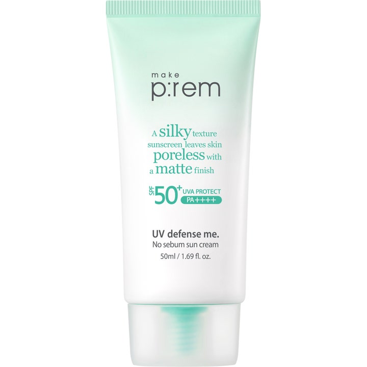 make p:rem UV defense me No sebum sun cream 50ml solcreme der matterer huden i hvid tube med mintgrønt låg