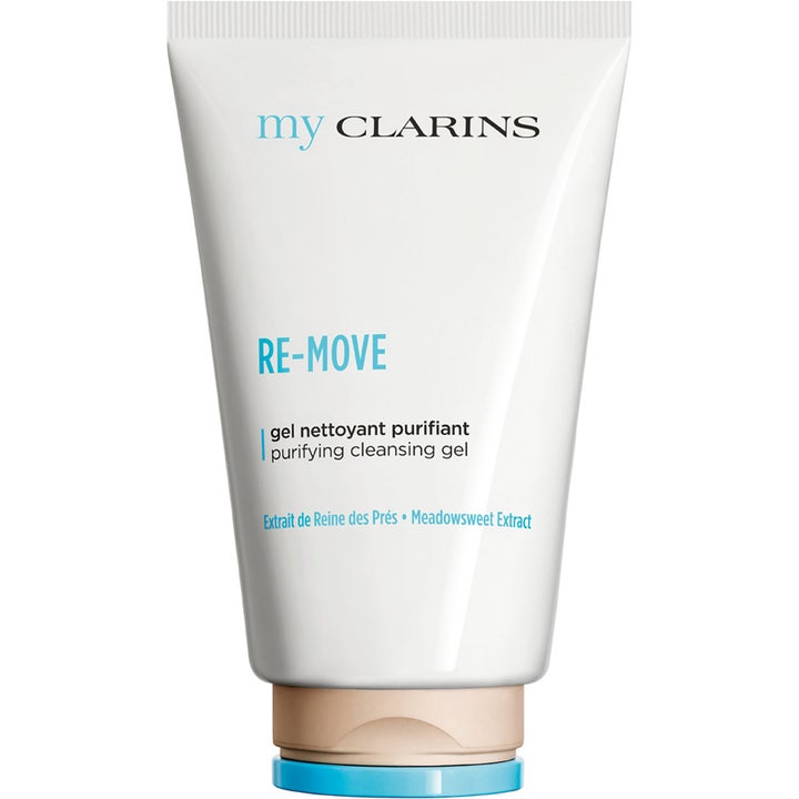 My Clarins RE-MOVE Purifying Cleansing Gel 125 ml rensende ansigtsgel i hvid tube med lyseblå tekst og beige låg.