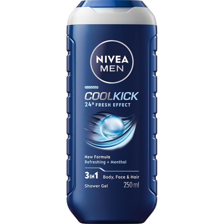 Nivea Men Cool Kick 250 ml forfriskende 3-i-1 shower gel med mentol i blå plastflaske med sølvfarvet låg