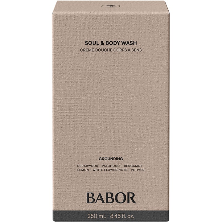 Babor Soul & Body Wash 250 ml kropsvask i beige tekstureret emballage med grounding duft af patchouli