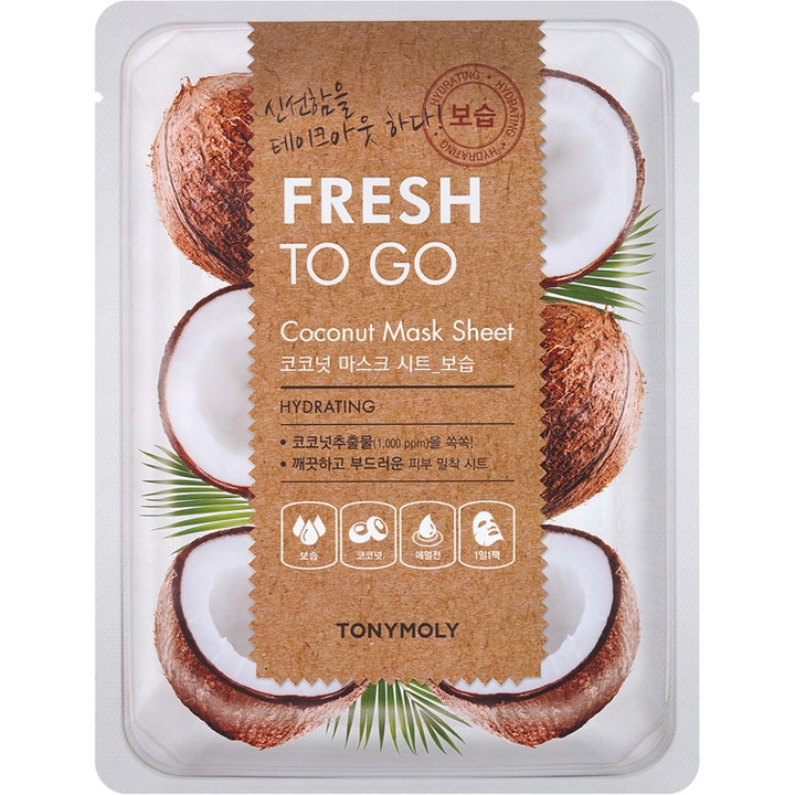 TONYMOLY Fresh To Go Coconut Mask Sheet 1 stk fugtgivende sheetmaske prydet med halve kokosnødder og et brunt papirlook