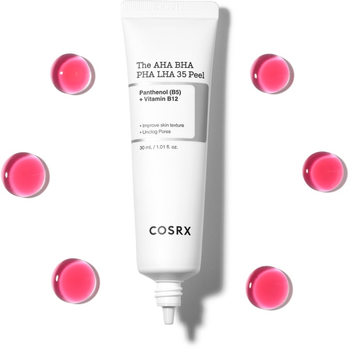 COSRX The AHA BHA PHA LHA 35 Peel 30 ml eksfolierende peeling i hvid tube med lyserøde dråber der forbedrer hudtekstur