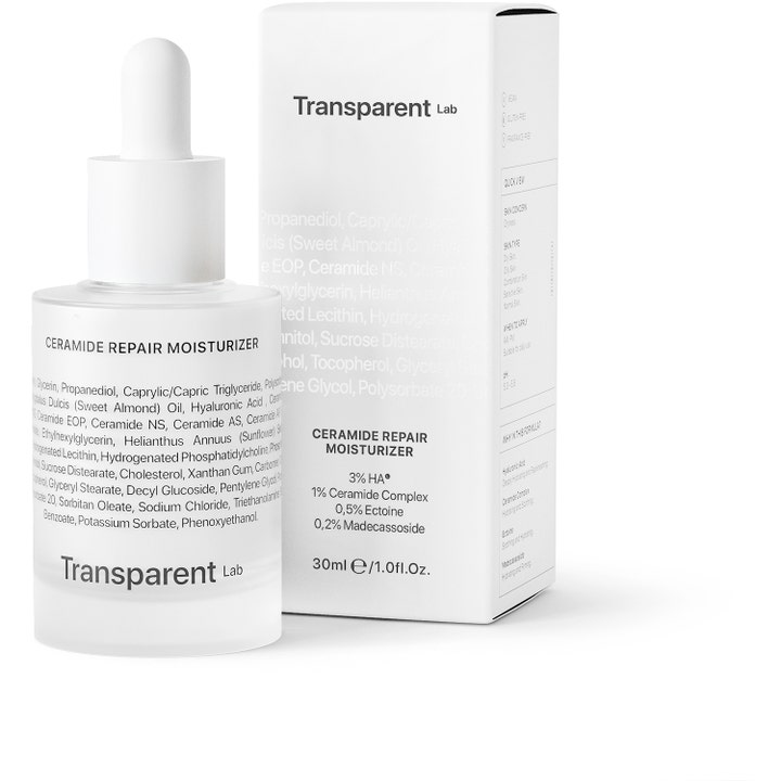 Niche Beauty Lab Transparent Lab Ceramide Repair Moisturizer 30 ml fugtgivende creme i hvid pipetteflaske og æske