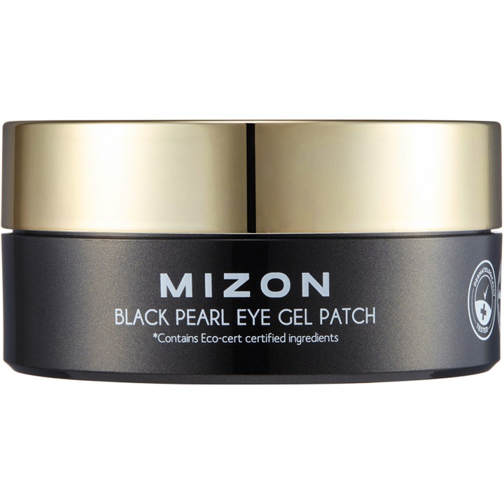 Mizon Black Pearl Eye Gel Patch 60 stk fugtgivende øjenmaske i mørkegrå krukke med skinnende guldlåg