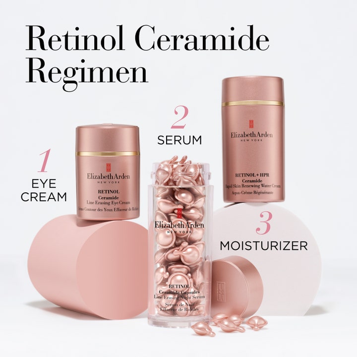 Elizabeth Arden Ceramide Retinol Water Cream 50 ml som del af en hudplejerutine i rosa krukker