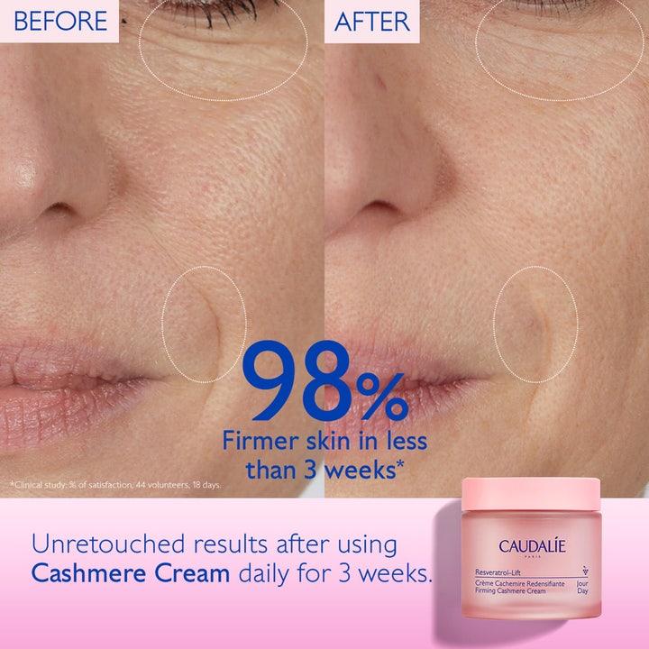 Caudalie Resveratrol-Lift Firming Cashmere Cream Refill 50 ml dagcreme viser før og efter resultater med 98% fastere hud