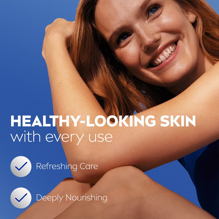 NIVEA Aloe & Hydration Body Lotion 250 ml fugtgivende hudpleje vist med en smilende kvinde med sund hud