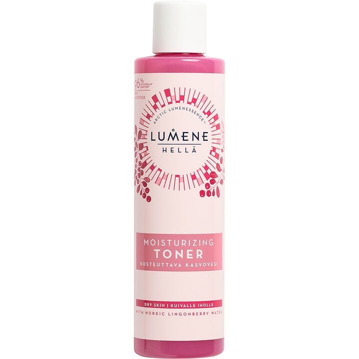 Lumene Hellä Moisturizing Toner fugtgivende skintonic i en slank lyserød plastflaske med hvidt låg og mønster.