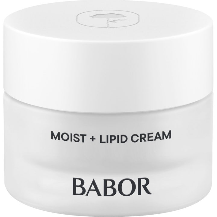 Babor Skinovage Moist + Lipid Cream fugtgivende ansigtscreme i en elegant hvid frostet glaskrukke.